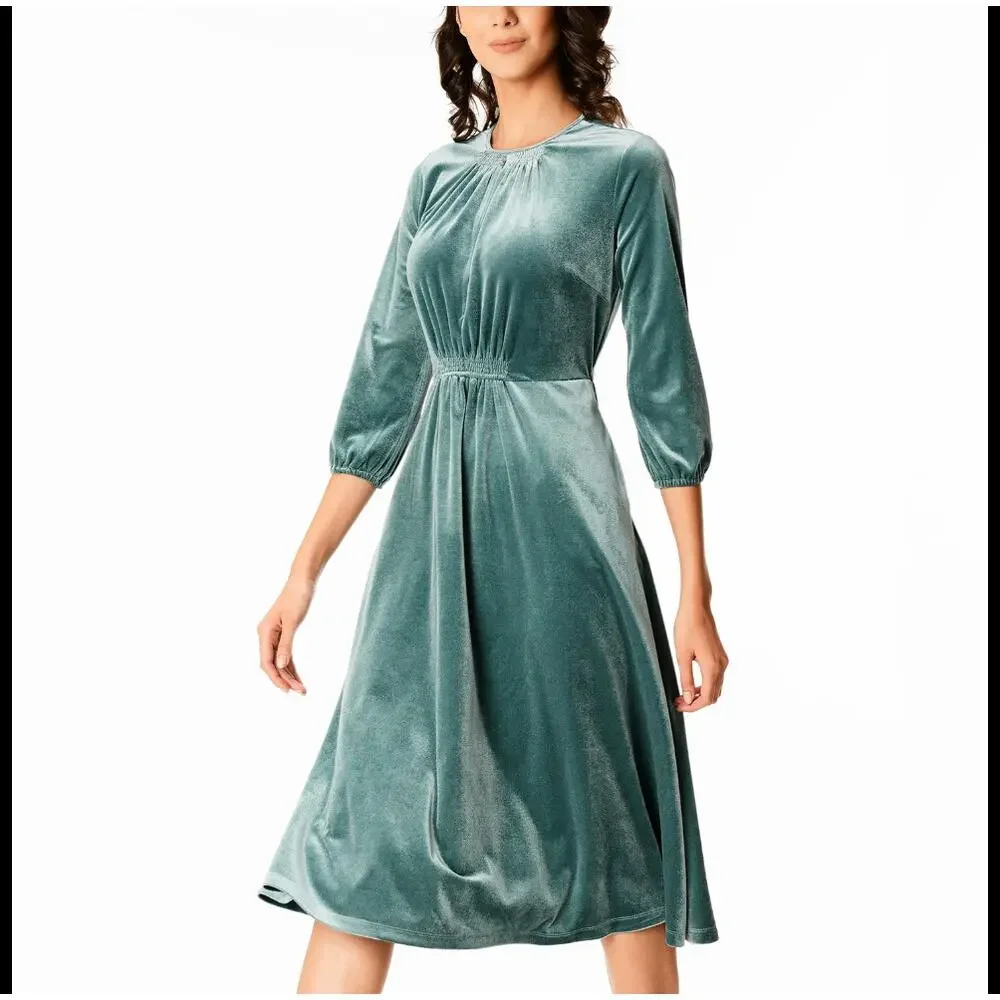 green velvet knee length dress Velvet Emerald Green Midi Dress With Long Sleeves: Fall and Winter Special Occasion, Christmas, Plus Size